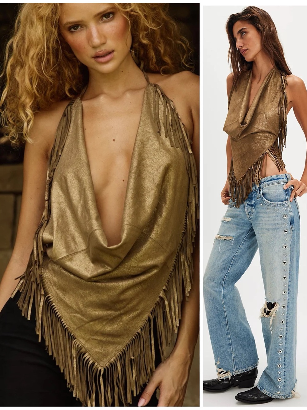 NEW Understated Leather Gold Foil Fringe Halter Open Back Top Women’s Large